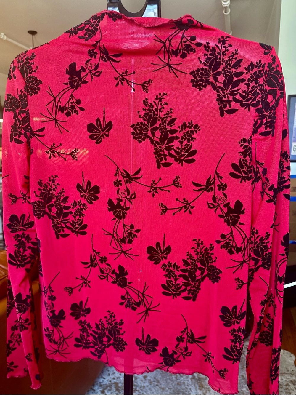 Women’s Flocked Sheer Mesh Top Wine Red